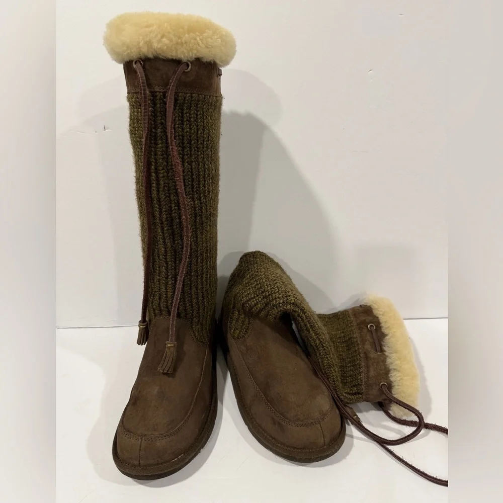 UGG Australia Tall Knit Shearling Boots Brown Leather Tassel Women’s 6